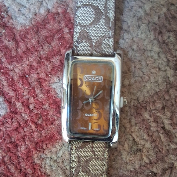 Coach Accessories - COACH Women's Signature Rectangle Brown Fabric Strap Watch